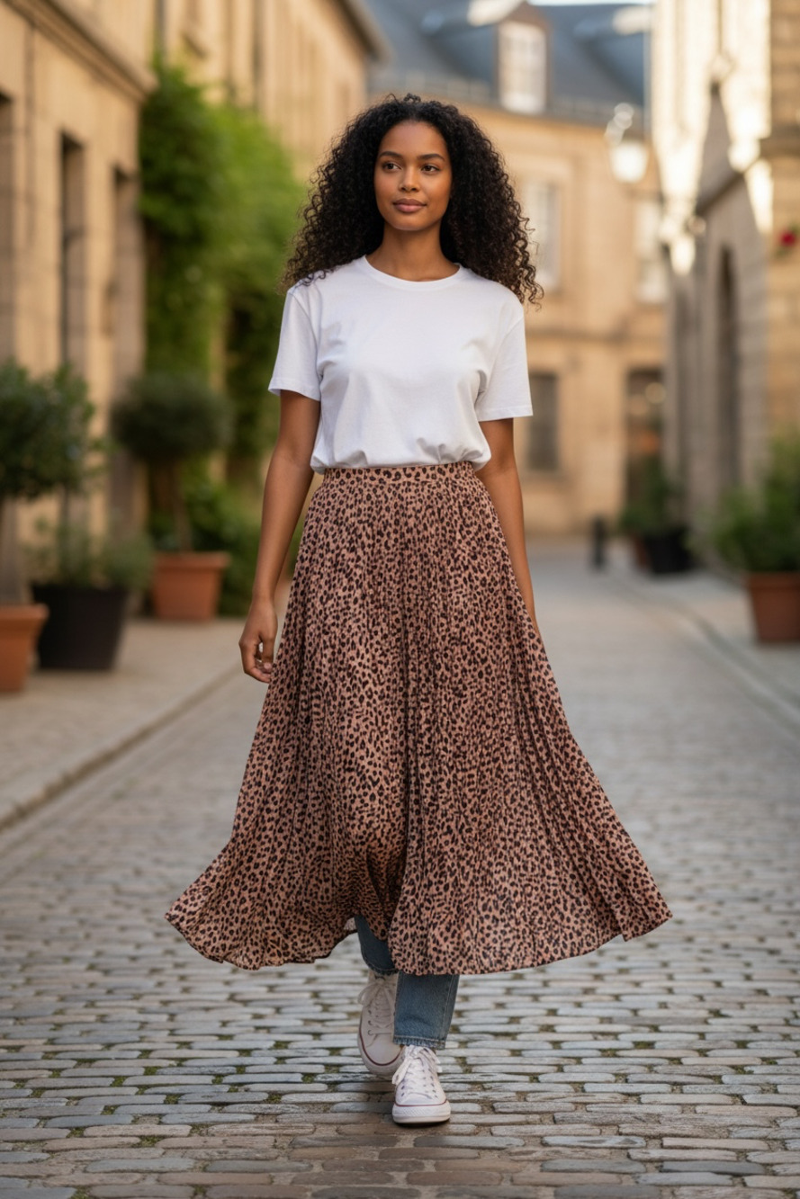 Leopard Print Pleated Midi Skirt